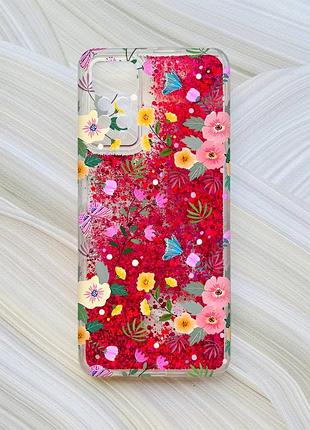 Чехол с плавающими блестками на xiaomi redmi note 11 pro розовый :: цветочный фон (принт 369)