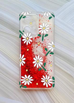 Чехол с плавающими красными блестками на xiaomi redmi note 12 4g ромашки (принт 368)