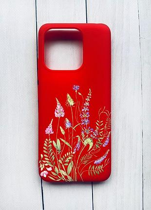 Матовый чехол на xiaomi redmi 12c красный :: цветочная идиллия (принт 382)