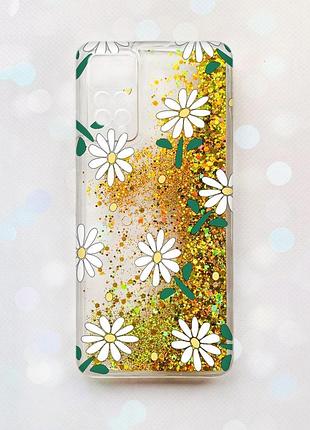 Чехол с блестками на xiaomi redmi note 11 pro золотой :: ромашки (принт 368)