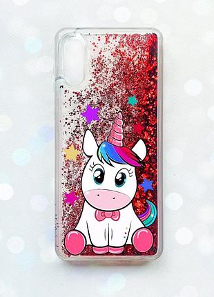 Чехол с плавающими блестками на samsung galaxy a02 / a022 (2021) красный :: единорог (принт 102)