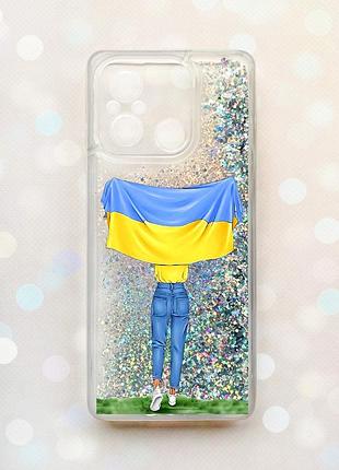 Чохол з плаваючими блискітками на xiaomi redmi 12c срібний :: дівчина з прапором (принт 263)