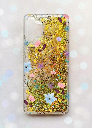 Чехол с плавающими блестками на samsung galaxy a32 золотой :: цветочный фон (принт 267)