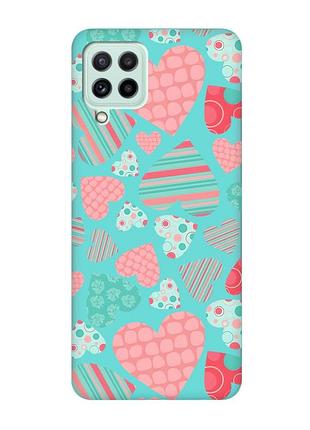 Матовый бирюзовый чехол на samsung galaxy m32/m22/a22 4g :: разноцветные сердечка (принт 334)