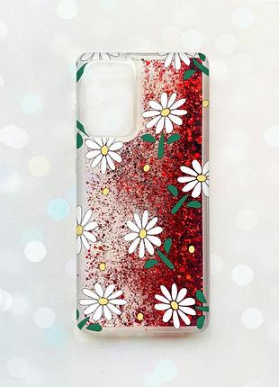 Чехол с плавающими блестками на samsung galaxy a52 (a525) красный :: ромашки (принт 368)