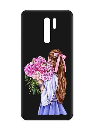 Матовий чорний чохол на xiaomi redmi 9 :: дівчина з півоніями (принт 11)
