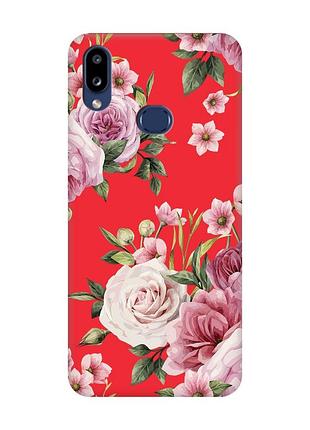 Матовый красный чехол на samsung galaxy a10ѕ a107 :: розовые цветы (принт 287)