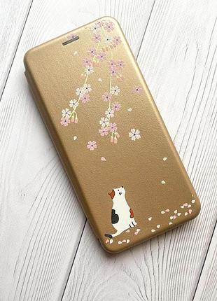 Чохол-книжка з малюнком на xiaomi redmi 7 :: золотий :: котик і сакура /принт 283/