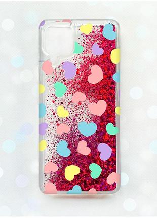 Чехол с плавающими блестками samsung galaxy a12 розовый :: разноцветные сердечка (принт 335)