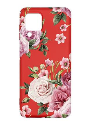 Матовый красный чехол на samsung galaxy m32/a22/m22 4g :: розовые цветы (принт 287)