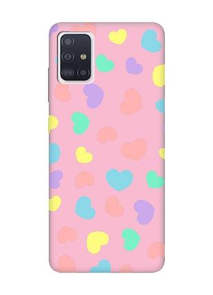 Матовый розовый чехол на samsung galaxy a71 / a715 :: разноцветные сердечка (принт 335)
