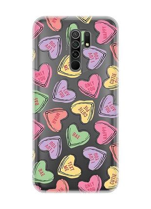 Прозрачный чехол на xiaomi redmi 9 :: сердечка с текстом (принт 333)