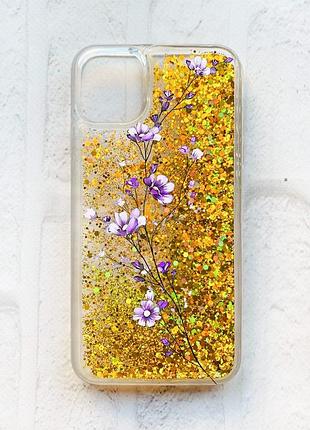 Чехол с плавающими блестками на iphone 11 :: золотой :: веточка цветов (принт 278)