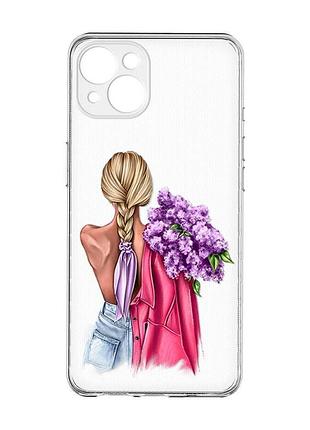 Прозрачный чехол с защитой камер на iphone 15 plus :: девушка с сиренью (принт 7)