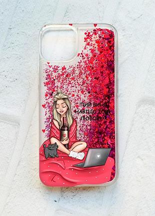 Чохол із плаваючими блискітками на iphone 14 рожевий :: дівчина з вином (принт 220)