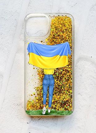 Чохол із плаваючими блискітками на iphone 14 золотий :: дівчина з прапором (принт 263)