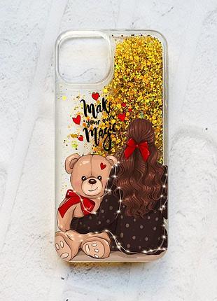 Чехол с плавающими блестками на iphone 13 :: золотой :: девушка с мишкой (принт 188)