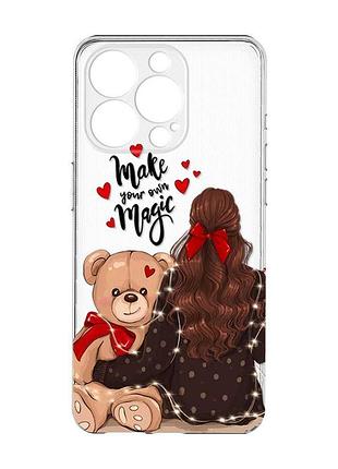 Прозрачный чехол с защитой камеры на iphone 15 pro :: девушка с мишкой (принт 188)