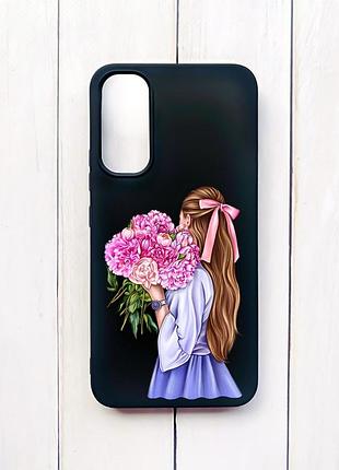 Матовий чохол на samsung a34 5g чорний :: дівчина з півоніями (принт 11)