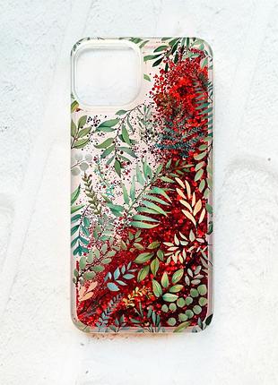 Чехол с плавающими блестками на iphone 14 красный :: растительный фон (принт 377)