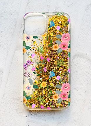 Чехол с плавающими блестками на iphone 13 золотой :: цветочный фон (принт 369)
