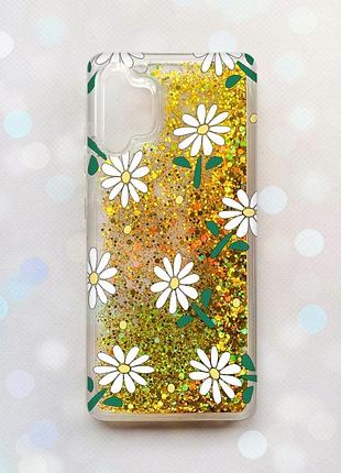 Чехол с плавающими блестками на samsung galaxy a32 золотой :: ромашки (принт 368)