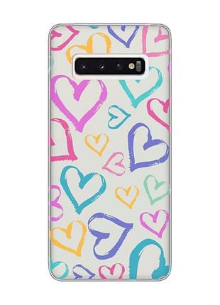 Прозорий чохол на samsung galaxy s10 :: різнокольорові сердечка (принт 332)