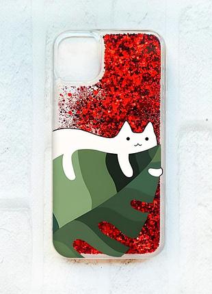 Чехол с плавающими блестками на iphone 11 красный :: кот на листе (принт 367)