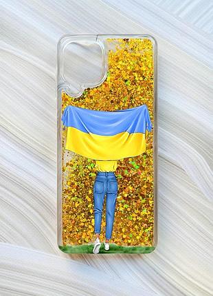 Чехол с плавающими блестками для samsung galaxy a22 4g/m22/m32 золотой девушка с флагом (принт 263)