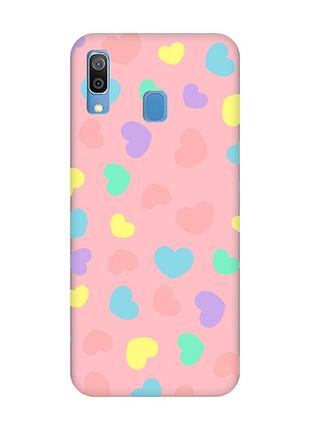 Матовый розовый чехол на samsung galaxy a30 (2019) / a20 (2019) :: разноцветные сердечка (принт 335)