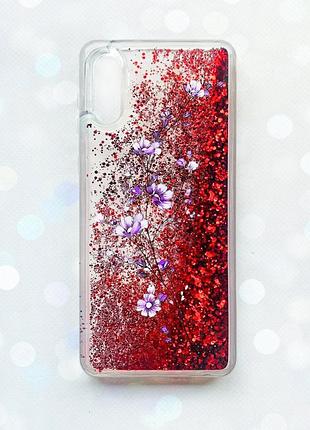 Чехол с плавающими блестками на samsung galaxy a02 / a022 (2021) красный :: веточка цветов (принт 278)