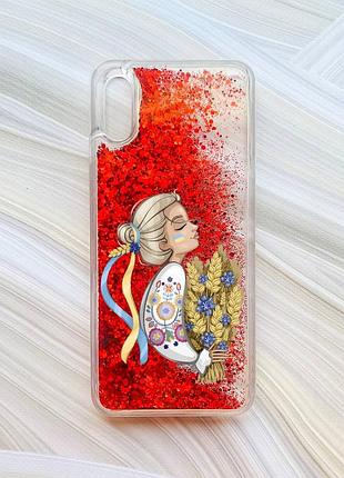 Чехол с плавающими блестками на xiaomi redmi 9a красный украинка с колосками (принт 173)