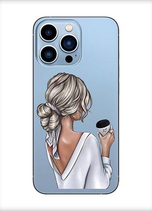 Прозрачный чехол на iphone 13 pro max :: девушка с латте (принт 227)