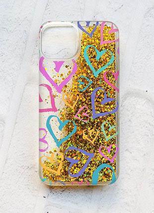 Чехол с плавающими блестками на iphone 14 золотой :: разноцветные сердечка (принт 332)