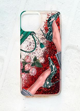 Чехол с плавающими блестками на iphone 14 красный :: туфельки и цветы (принт 225)