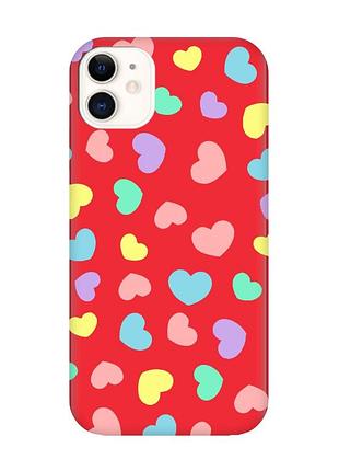 Матовый красный чехол на iphone 11 :: разноцветные сердечка (принт 335)