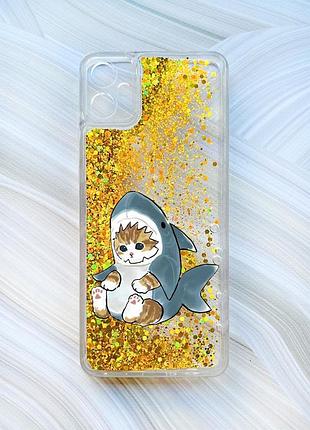 Чехол с плавающими блестками на samsung galaxy a05 (a055) золотой котёнок (принт 120)