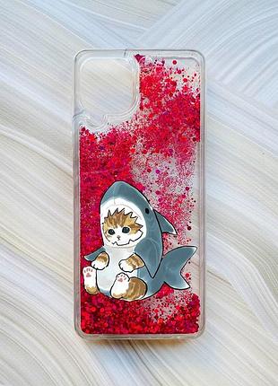 Чехол с плавающими блестками на samsung galaxy a22 4g/m22/m32 розовый котёнок (принт 120)