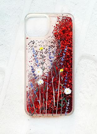 Чохол із плаваючими блискітками на iphone 14 червоний :: польові квіти (принт 270)