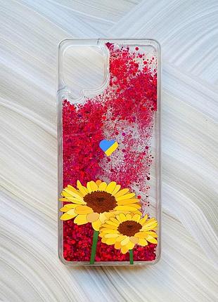 Чехол с плавающими блестками на samsung galaxy a22 4g/m22/m32 розовый :: желтые цветы (принт 364)