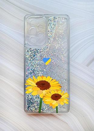 Чехол с плавающими блестками на samsung galaxy a53 4g/a53 5g серебристый :: желтые цветы (принт 364)