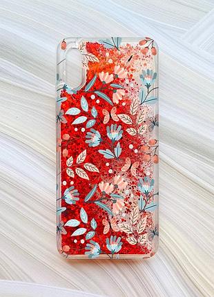 Чехол с плавающими блестками на xiaomi redmi 9a красный :: цветочный фон (принт 370)