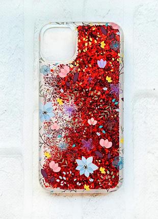 Чехол с плавающими блестками на iphone 11 :: красный :: цветочный фон (принт 267)