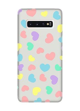 Прозорий чохол на samsung galaxy s10 :: різнокольорові сердечка (принт 335)