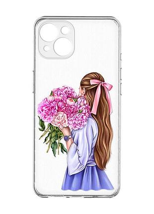 Прозрачный чехол с защитой камер на iphone 15 plus :: девушка с пионами (принт 11)