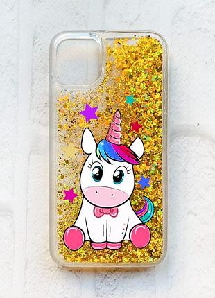 Чехол с плавающими блестками на iphone 11 :: золотой :: единорог (принт 102)