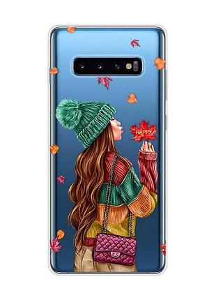 Прозрачный чехол на samsung galaxy s10 plus :: девушка с листьями (принт 221)