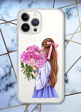 Прозрачный чехол с защитой камеры на iphone 14 pro :: девушка с пионами (принт 11)