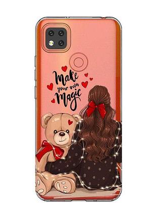 Прозрачный чехол для xiaomi redmi 9c девушка с мишкой (принт 188)