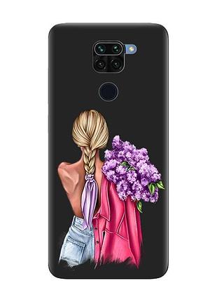 Матовый черный чехол на xiaomi redmi note 9 :: девушка с сиренью (принт 7)